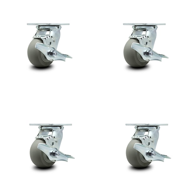 4 Inch Thermoplastic Rubber Caster Set with Ball Bearings and Brake/Swivel Lock